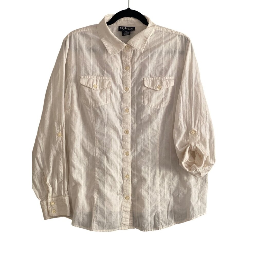 Style & Co Blouse White LS Tab Sleeves Chest Pockets Work Women 20W